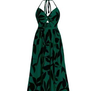 Elegant Green Leaf Print Maxi Dress With Cut Out Detail And Front Split